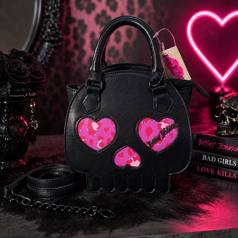 Luv Betsey Johnson Skull Crossbody Satchel Purse Black Pink Heart Eyes NWT Goth